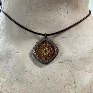Leather Cord Choker Necklace with Glass Framed Pendant Maroon and Gold Pattern